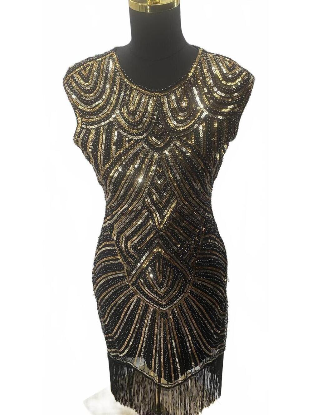 Babeyond Dress Size XS Womans Black Gold Sequin Fringe Gatsby Flapper Cap Sleeve